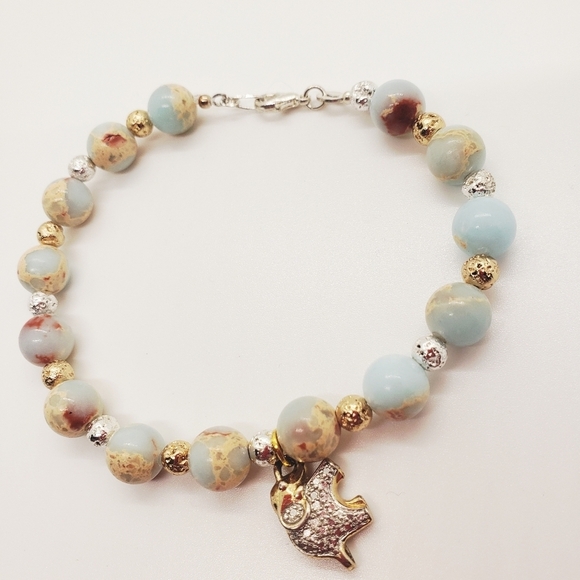 🔥BRACELET IMPERIAL JASPER TURQUOISEON SOLID 925 STERLING SILVER ELEPHANT - Picture 1 of 4